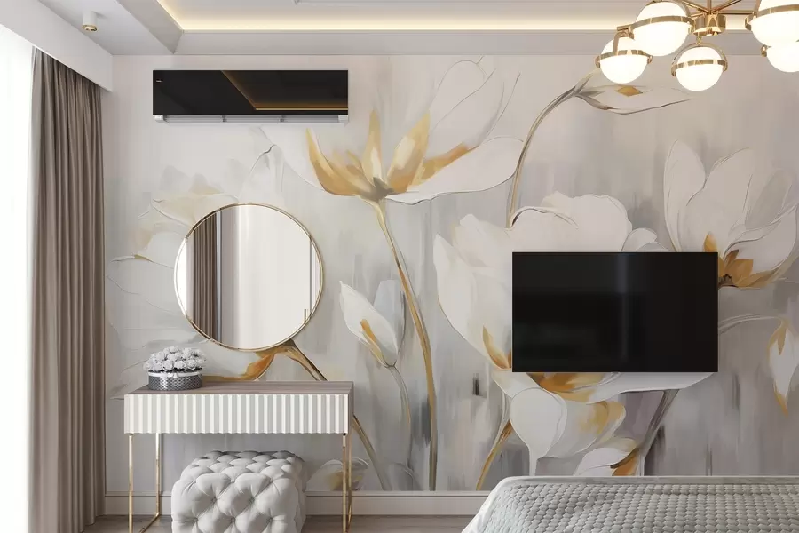 Wall Mural Photo Wallpaper White abstract flowers with white petals and stems on a gray background with gray and white vertical brushstrokes  w09047