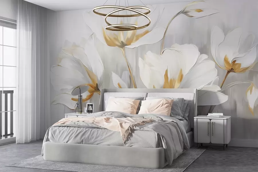 Wall Mural Photo Wallpaper White abstract flowers with white petals and stems on a gray background with gray and white vertical brushstrokes  w09047