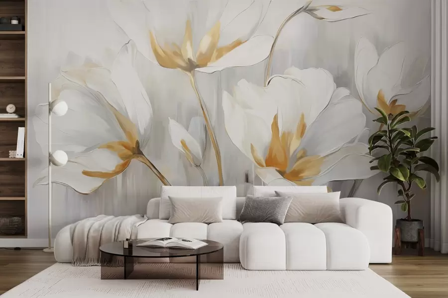 Wall Mural Photo Wallpaper White abstract flowers with white petals and stems on a gray background with gray and white vertical brushstrokes  w09047
