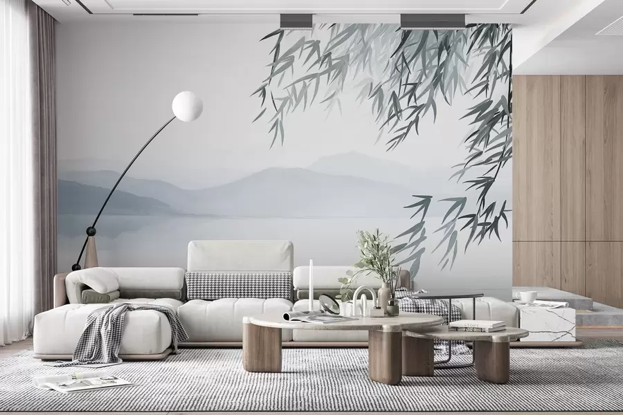 murais de parede Folhas de bambu penduradas sobre um lago com montanhas em fundo, tons suaves de azul e branco, estilo de pintura a tinta w09048