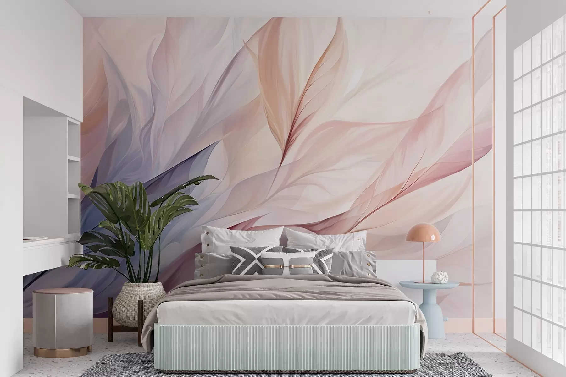 Wall Mural Photo Wallpaper Abstract floral design with flowing petals in pastel shades of pink, peach, and blue, creating a soft and dreamy composition w09049