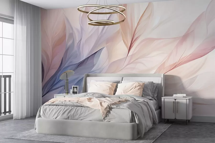 murais de parede Desenho floral abstrato com pétalas fluidas em tons pastel de rosa, pêssego e azul, criando uma composição suave e sonhadora w09049