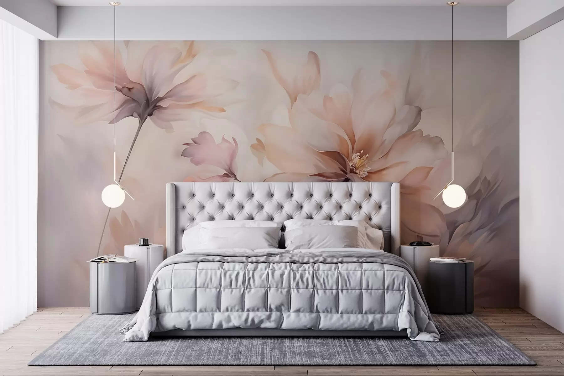 wall murals A delicate floral art with large pastel-colored flowers with translucent petals, soft stems, and a gentle diffused background w09050