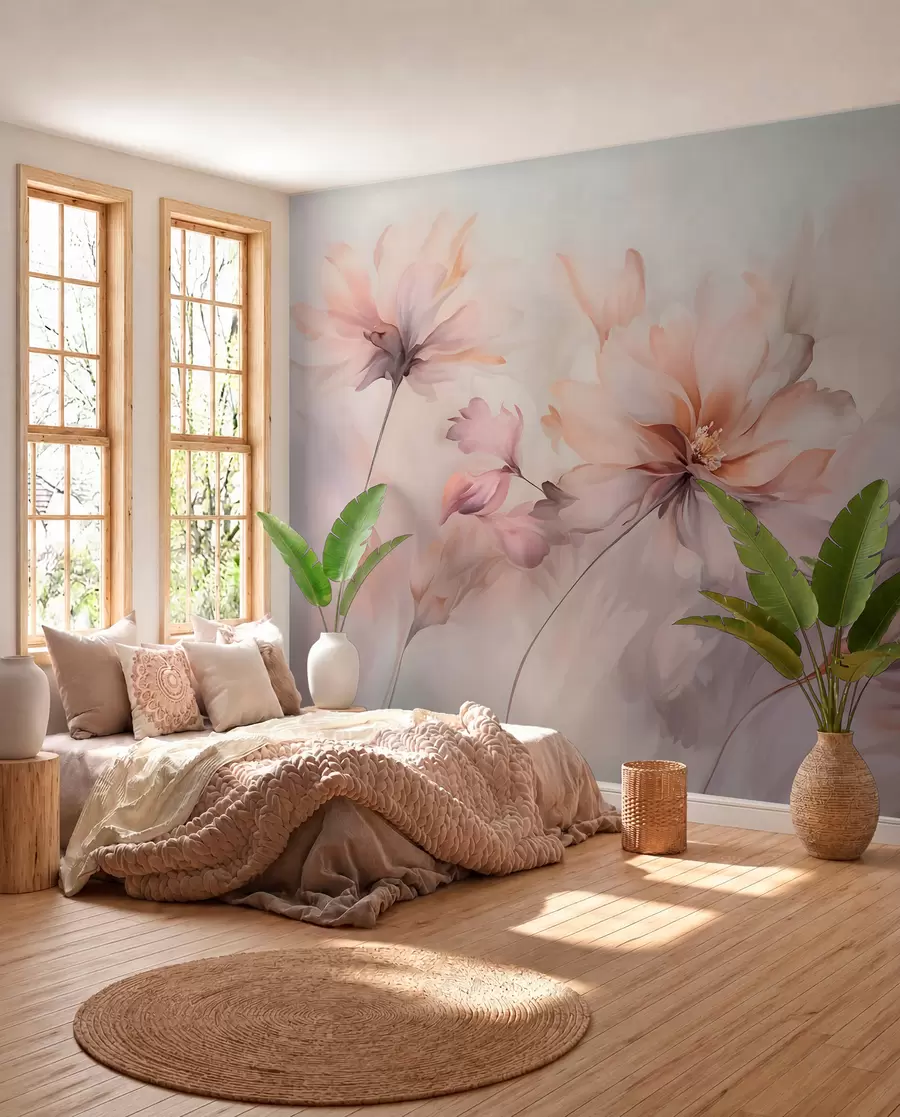 peintures murales Un art floral délicat avec de grandes fleurs aux couleurs pastel et aux pétales translucides, des tiges douces et un arrière-plan doux et diffus w09050