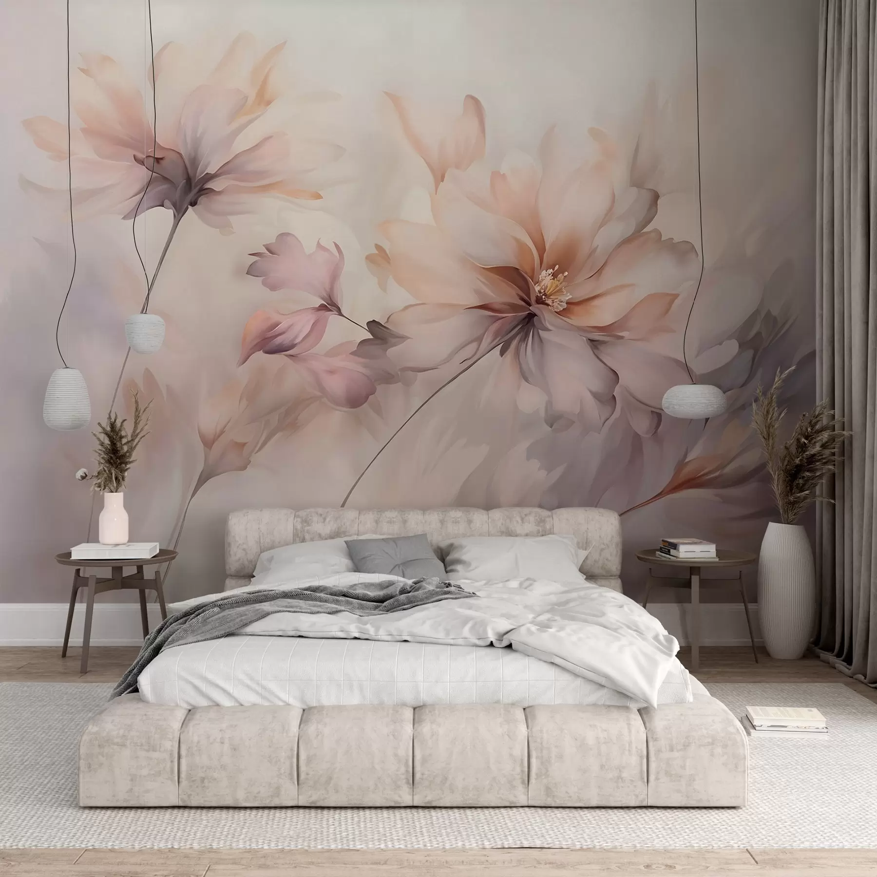 Wall Mural Photo Wallpaper A delicate floral art with large pastel-colored flowers with translucent petals, soft stems, and a gentle diffused background  w09050