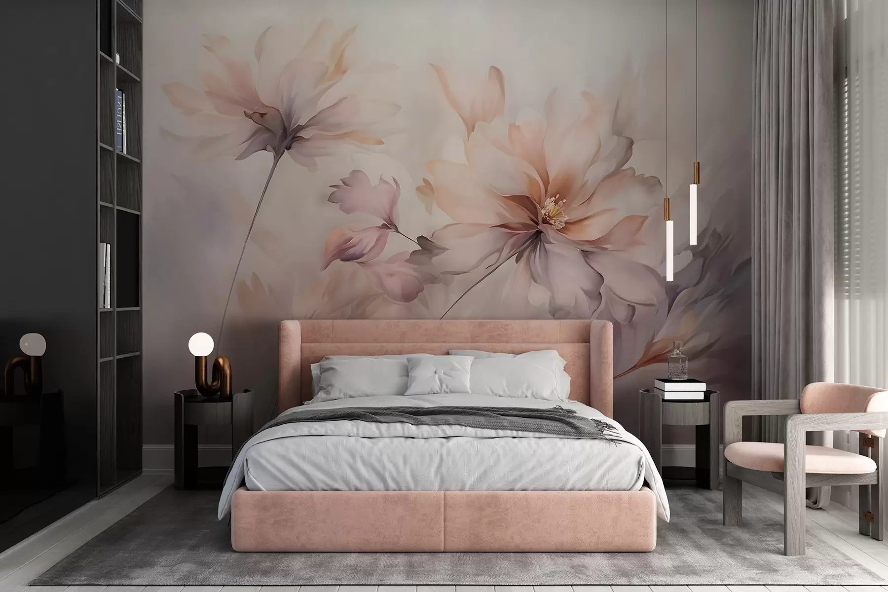 Wall Mural Photo Wallpaper A delicate floral art with large pastel-colored flowers with translucent petals, soft stems, and a gentle diffused background  w09050
