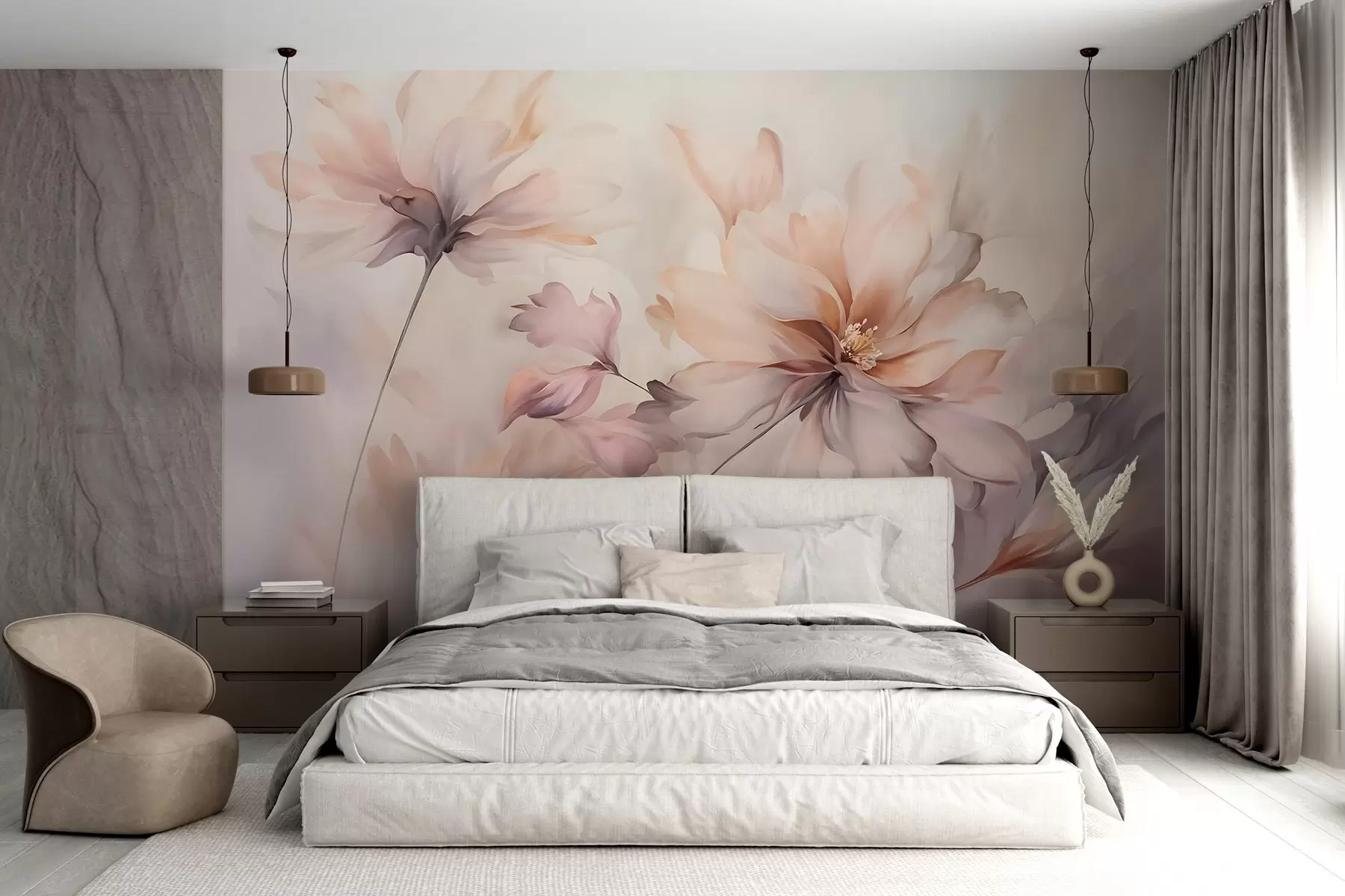 peintures murales Un art floral délicat avec de grandes fleurs aux couleurs pastel et aux pétales translucides, des tiges douces et un arrière-plan doux et diffus w09050