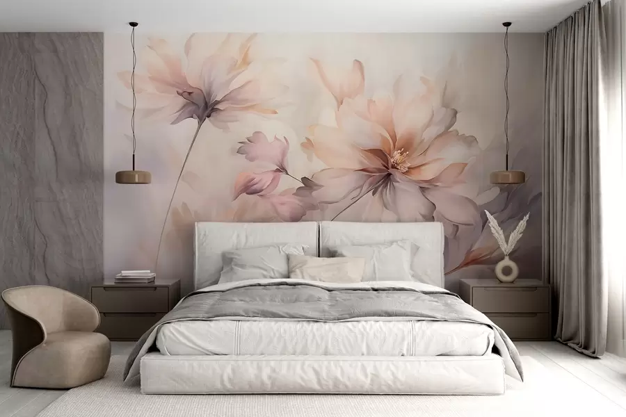 Wall Mural Photo Wallpaper A delicate floral art with large pastel-colored flowers with translucent petals, soft stems, and a gentle diffused background  w09050