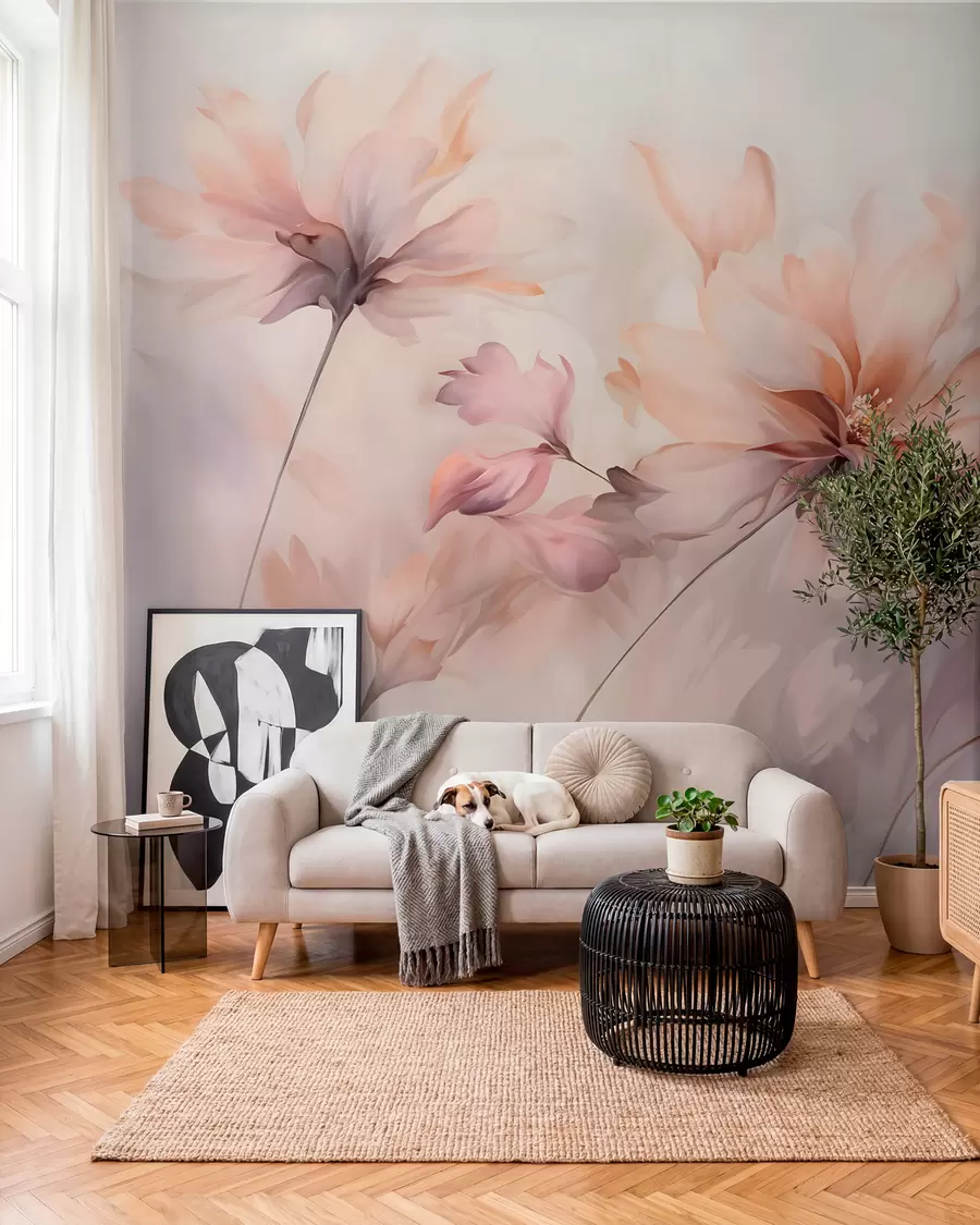 peintures murales Un art floral délicat avec de grandes fleurs aux couleurs pastel et aux pétales translucides, des tiges douces et un arrière-plan doux et diffus w09050