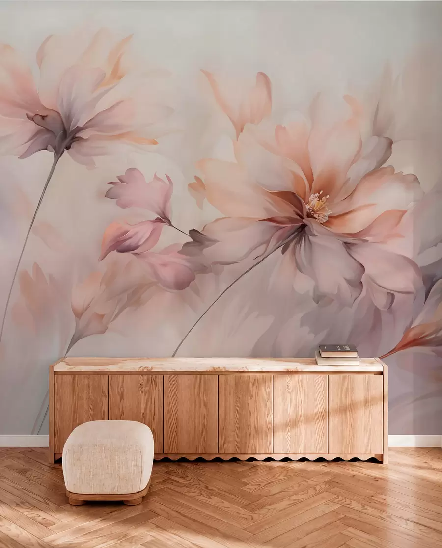 peintures murales Un art floral délicat avec de grandes fleurs aux couleurs pastel et aux pétales translucides, des tiges douces et un arrière-plan doux et diffus w09050