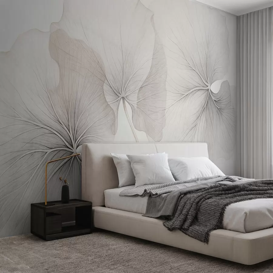 wall murals Three translucent leaves with visible veins, with noise texture overlapping slightly, with thin stems on a white background w09052