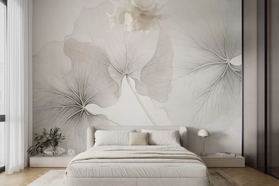 peintures murales Trois feuilles translucides aux nervures visibles, à la texture bruyante se chevauchant légèrement, avec de fines tiges sur un fond blanc w09052