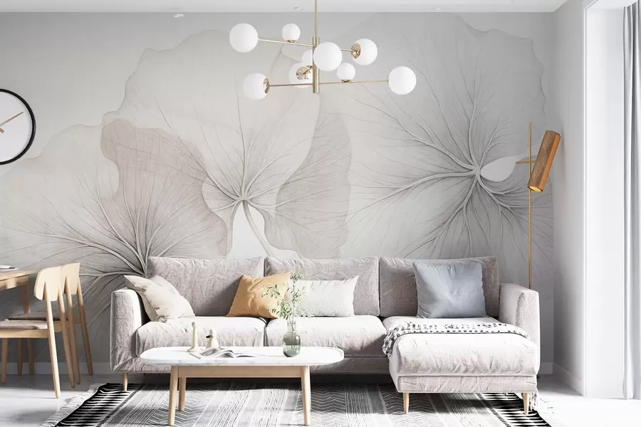 wall murals Three translucent leaves with visible veins, with noise texture overlapping slightly, with thin stems on a white background w09052