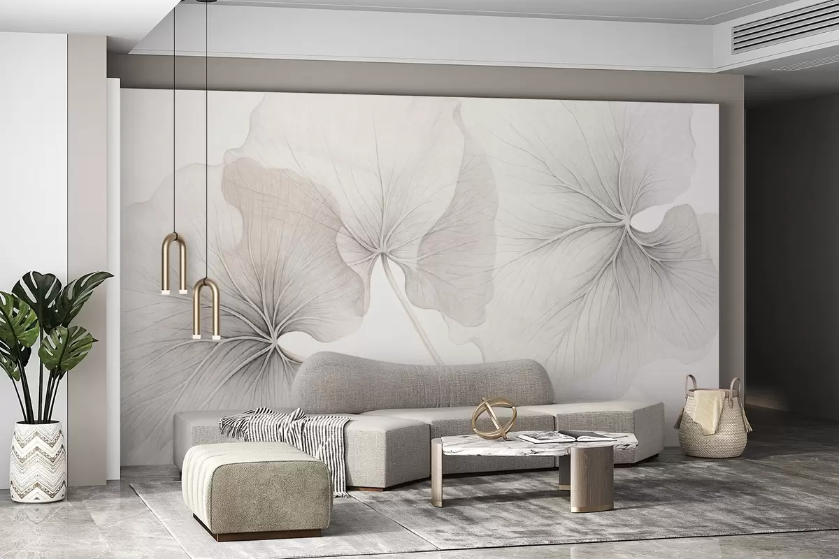 murales Tres hojas translúcidas con venas visibles, con textura de ruido superpuestas ligeramente, con tallos finos sobre fondo blanco w09052