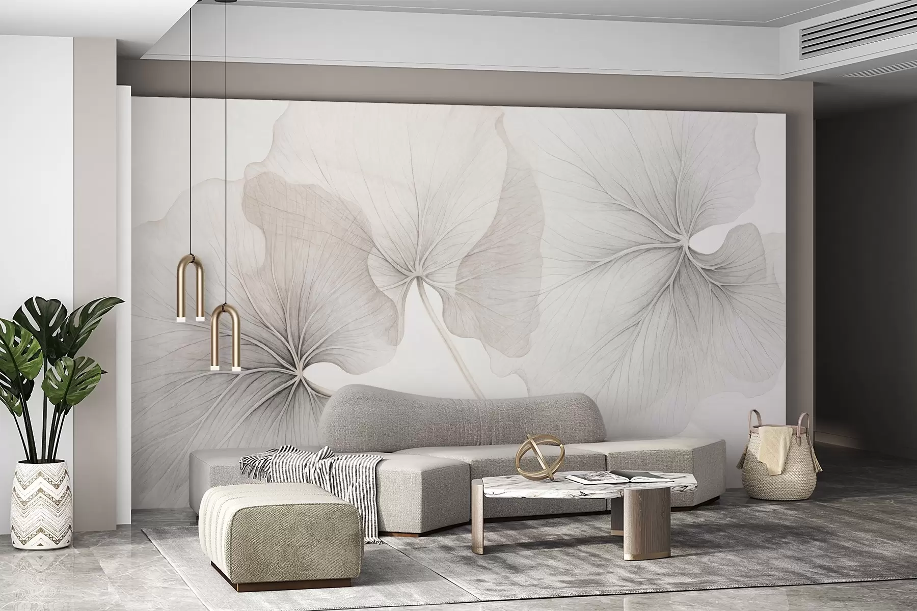 Wall Mural Photo Wallpaper Three translucent leaves with visible veins, with noise texture overlapping slightly, with thin stems on a white background w09052