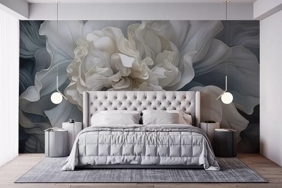 murales Abstracto gran flor decorativa con muchos pétalos, suave y delicado, con tonos azules y grises en el fondo w09055