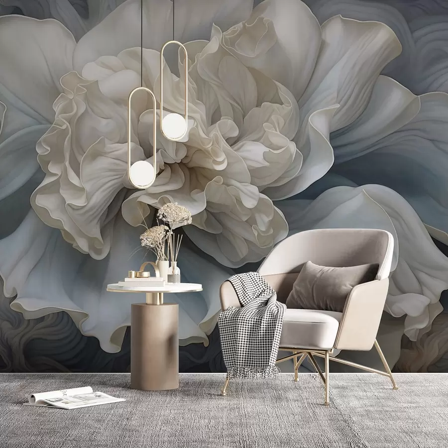 murales Abstracto gran flor decorativa con muchos pétalos, suave y delicado, con tonos azules y grises en el fondo w09055