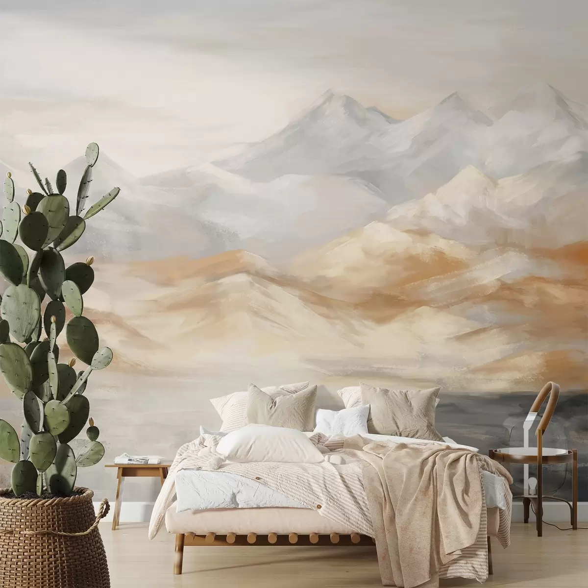Wall Mural Photo Wallpaper Textured landscape painting of mountains with a lake in the foreground, in shades of white, gray, and brown w09057