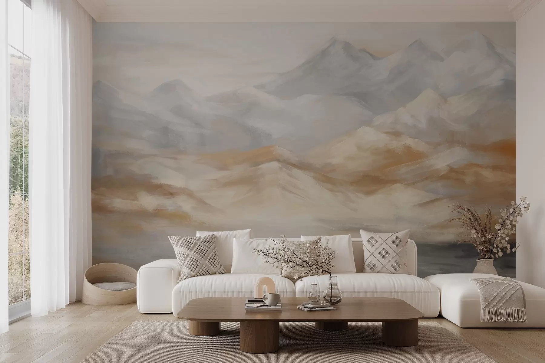 wall murals Textured landscape painting of mountains with a lake in the foreground, in shades of white, gray, and brown w09057