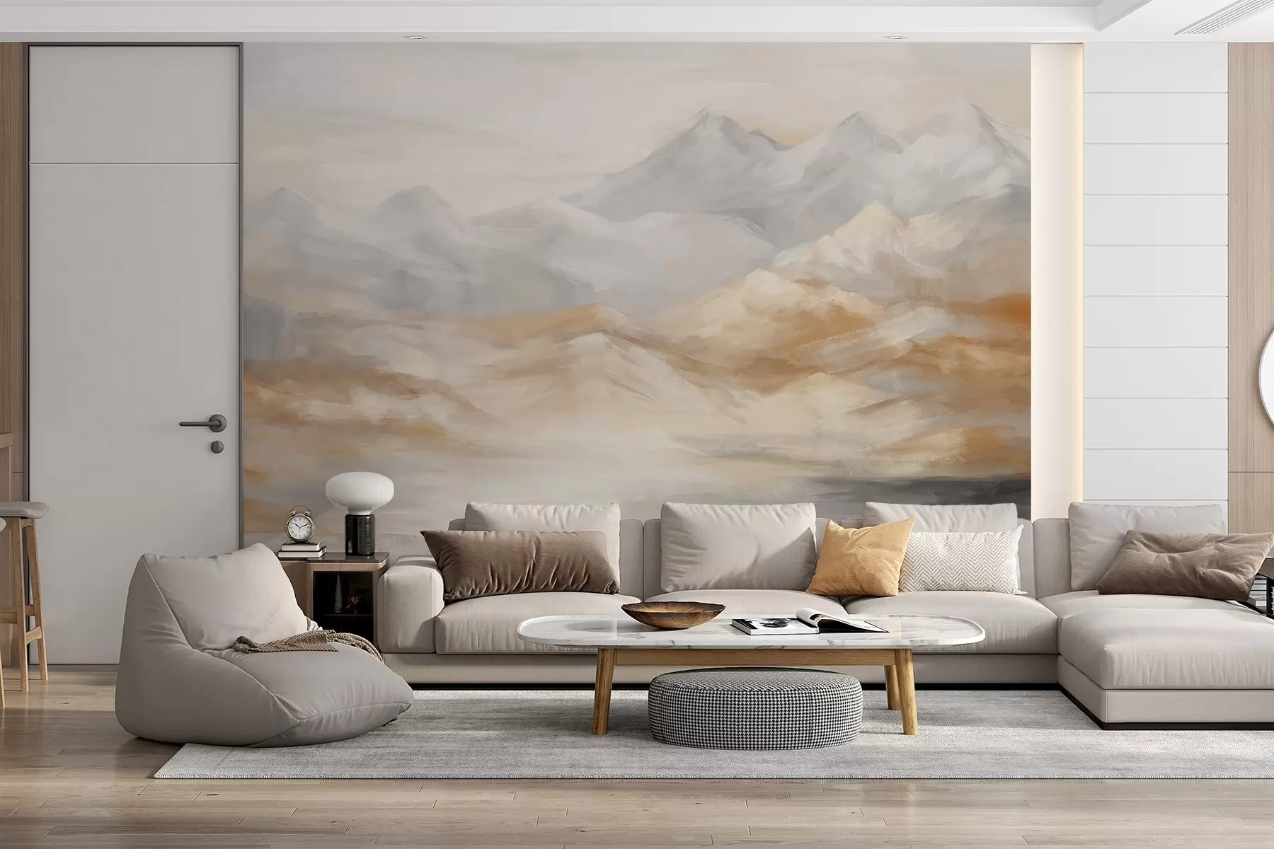 Wall Mural Photo Wallpaper Textured landscape painting of mountains with a lake in the foreground, in shades of white, gray, and brown w09057