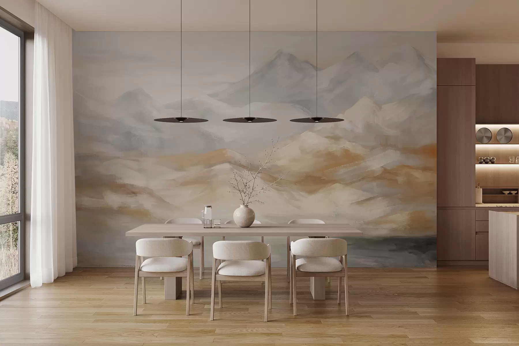 murais de parede Pintura de paisagem com textura de montanhas com um lago em primeiro plano, em tons de branco, cinzento e castanho w09057