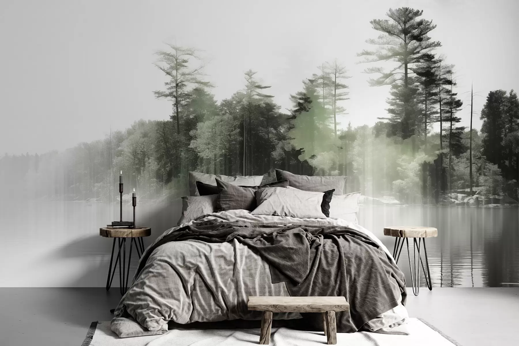 wall murals Abstract minimalism textured landscape with a lake and trees reflections in the water in green and white shades w09058