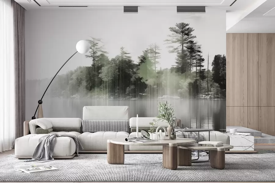 murales Paisaje abstracto minimalista texturizado con un lago y árboles reflejados en el agua en tonos verdes y blancos w09058