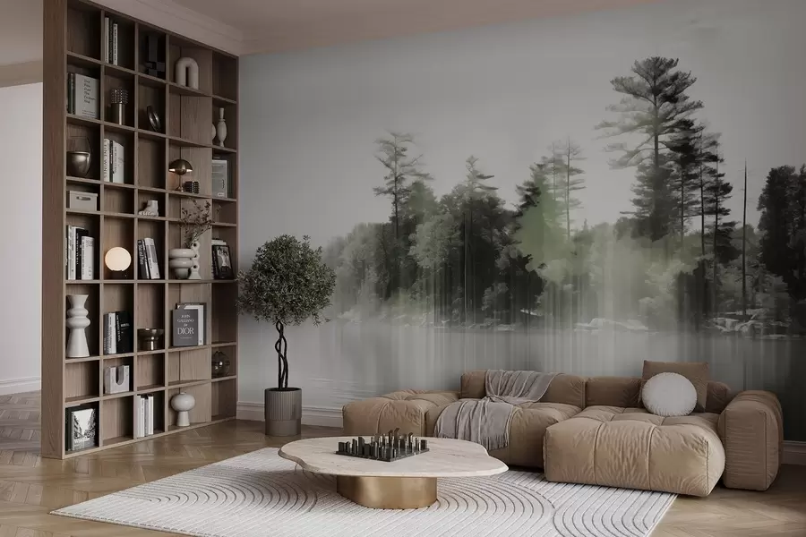 murais de parede Paisagem abstrata minimalista texturada com um lago e reflexos de árvores na água em tons de verde e branco w09058