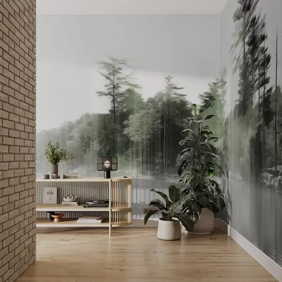 peintures murales Paysage abstrait minimaliste texturé avec un lac et des arbres se reflétant dans l'eau dans des tons verts et blancs w09058