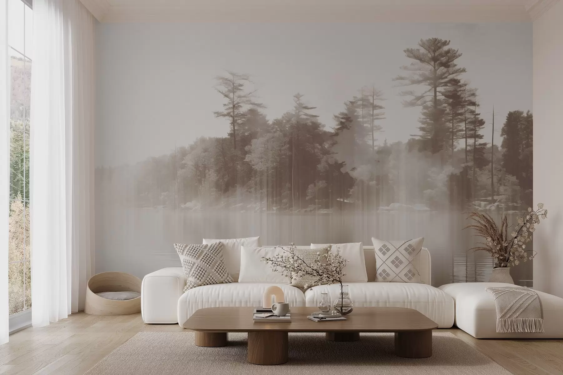 Wall Mural Photo Wallpaper Abstract minimalism textured landscape with a lake and trees reflections in the water in beige and white shades w09058v1