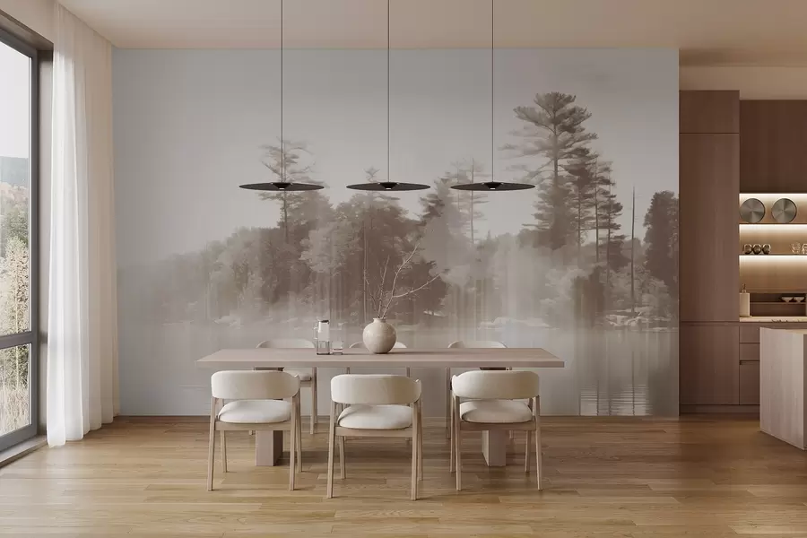 wall murals Abstract minimalism textured landscape with a lake and trees reflections in the water in beige and white shades w09058v1