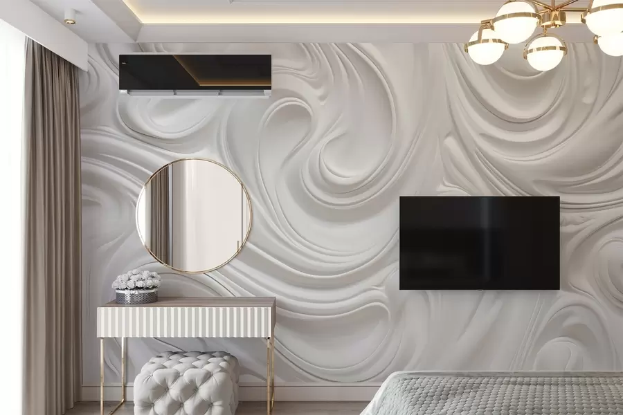 murales Arte moderno abstracto blanco con remolinos y ondas fluidas, textura suave, diseño elegante, estética minimalista w09059