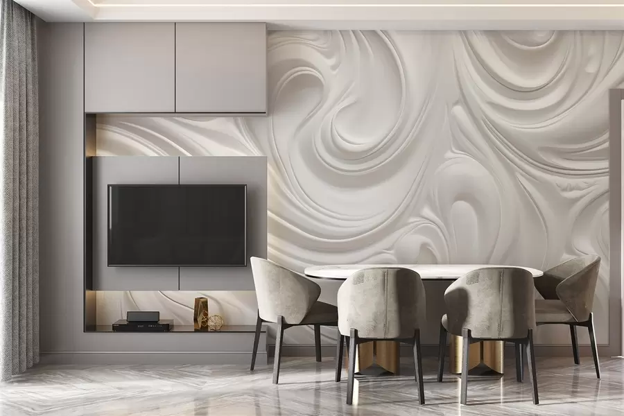 Wall Mural Photo Wallpaper White abstract modern art with fluid swirls and waves, smooth texture, elegant design, minimalist aesthetic w09059