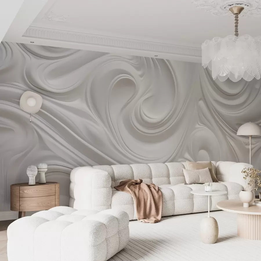 Wall Mural Photo Wallpaper White abstract modern art with fluid swirls and waves, smooth texture, elegant design, minimalist aesthetic w09059