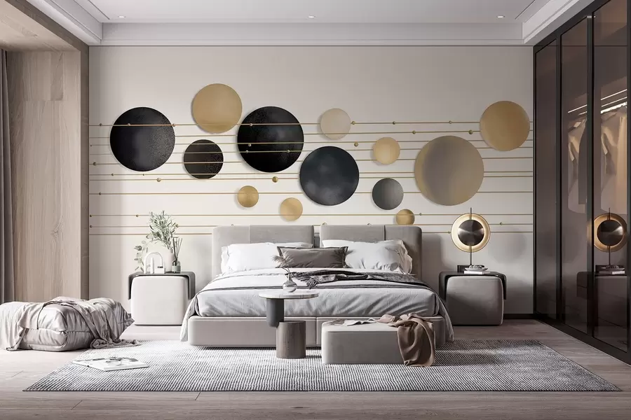 Wall Mural Photo Wallpaper Abstract modern design with textured circles in white, yellow and gray tones, connected by thin lines, minimalist art  w09060