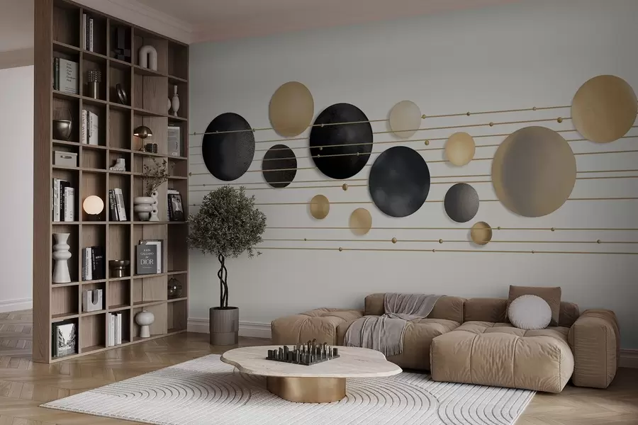 wall murals Abstract modern design with textured circles in white, yellow and gray tones, connected by thin lines, minimalist art w09060