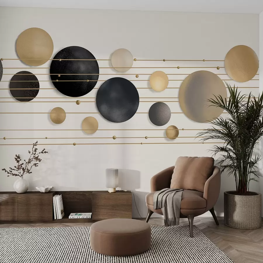 murais de parede Design moderno abstrato com círculos texturados em tons de branco, amarelo e cinzento, ligados por linhas finas, arte minimalista  w09060