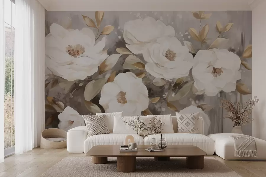 Wall Mural Photo Wallpaper White flowers with yellow leaves, soft petals, delicate floral arrangement, neutral color palette, textured brushstrokes w09062