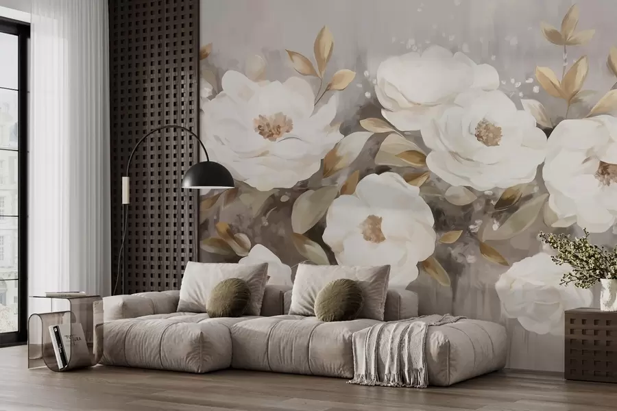 Wall Mural Photo Wallpaper White flowers with yellow leaves, soft petals, delicate floral arrangement, neutral color palette, textured brushstrokes w09062
