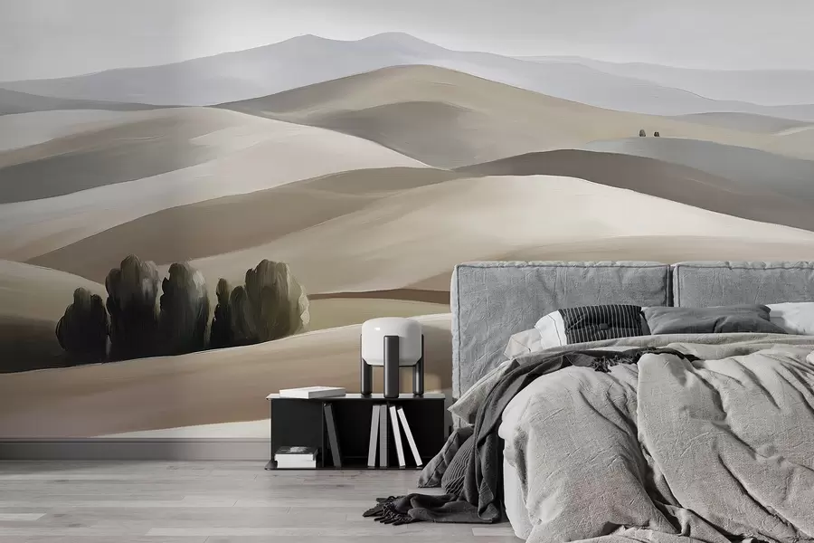 peintures murales Paysages arborés, Toscane, couleurs beige et gris, style huile w03880v1