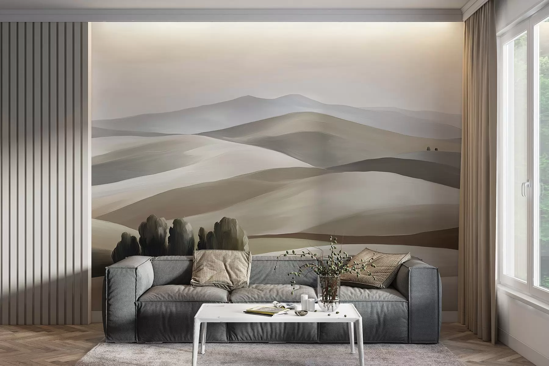 peintures murales Paysages arborés, Toscane, couleurs beige et gris, style huile w03880v1