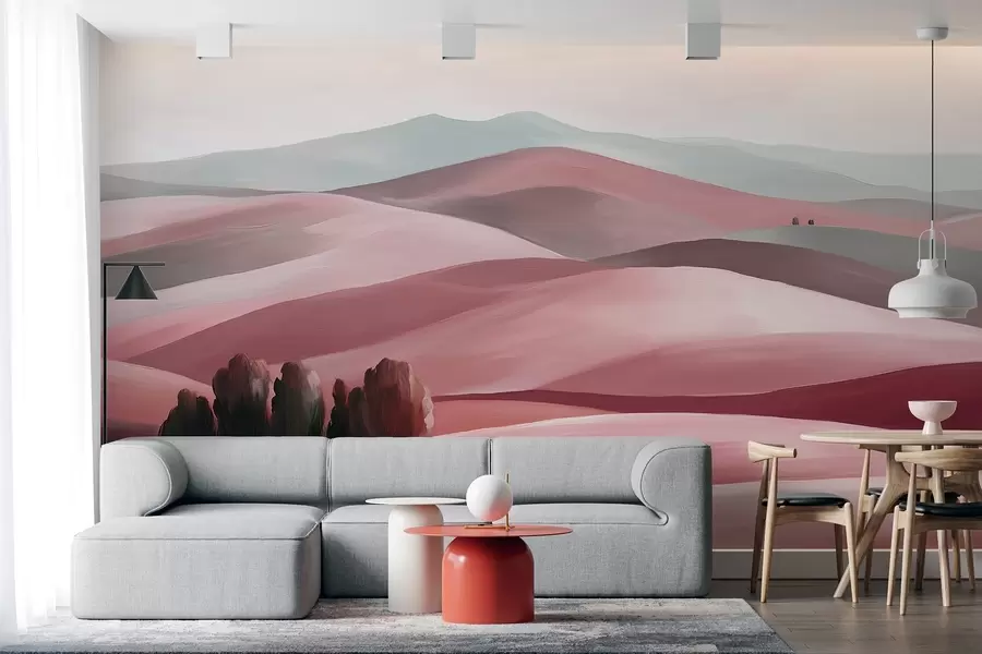 murais de parede Paisagens com árvores, Toscana, cores cor-de-rosa, estilo óleo w03880v2