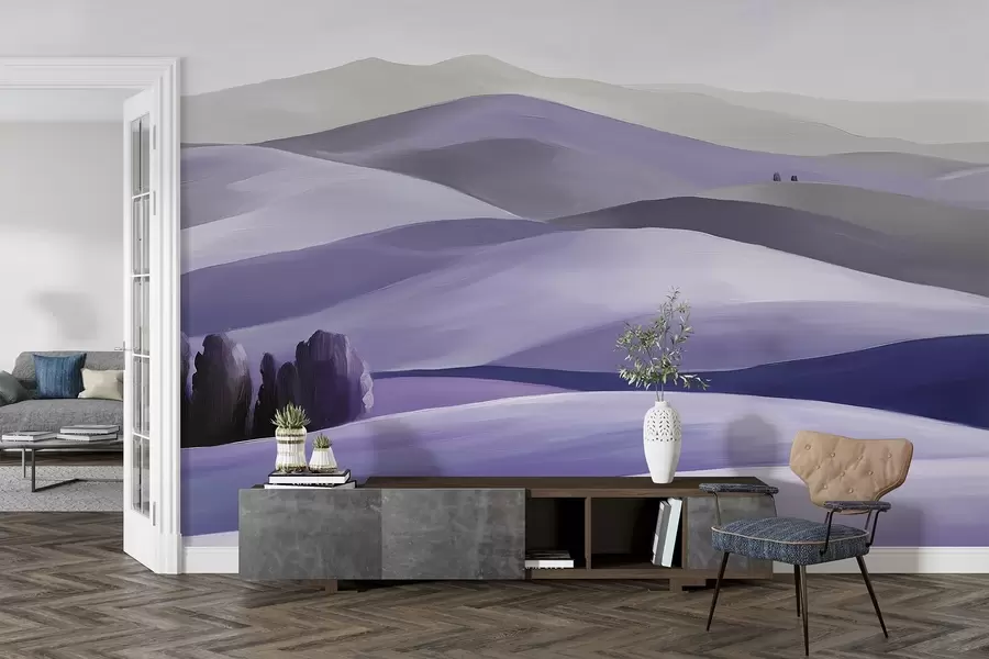 peintures murales Paysages arborés, Toscane, couleurs violettes, style huile w03880v3