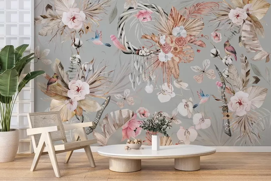 Wall Mural Photo Wallpaper Boho style ornament with peony flowers and birds, watercolor style, beige colors w03885