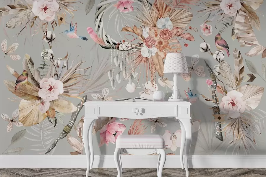 Wall Mural Photo Wallpaper Boho style ornament with peony flowers and birds, watercolor style, beige colors w03885