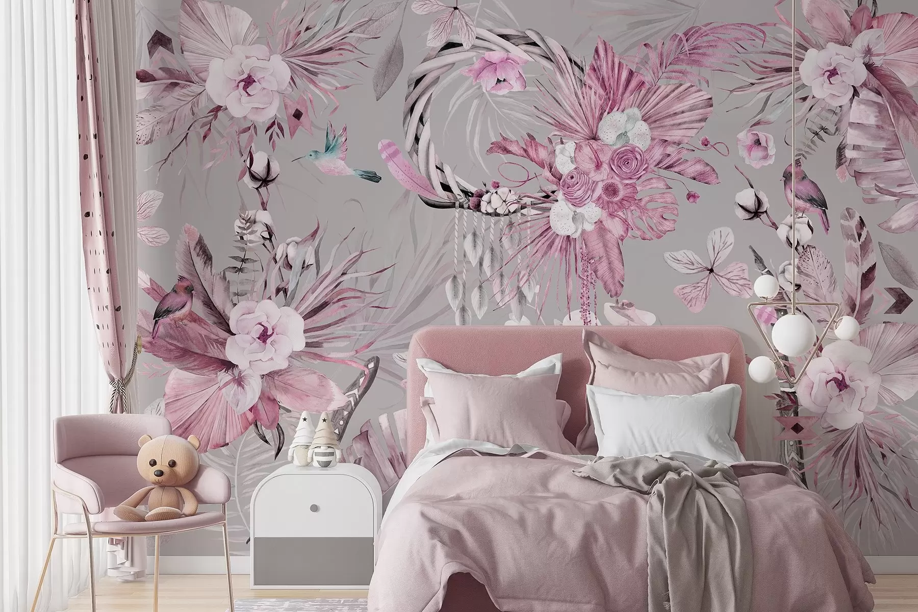 murales Adorno de estilo boho con flores de peonía y pájaros, estilo acuarela, colores rosas w03885v1
