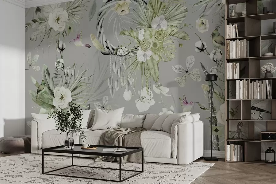Wall Mural Photo Wallpaper Boho style ornament with peony flowers and birds, watercolor style, green colors w03885v2