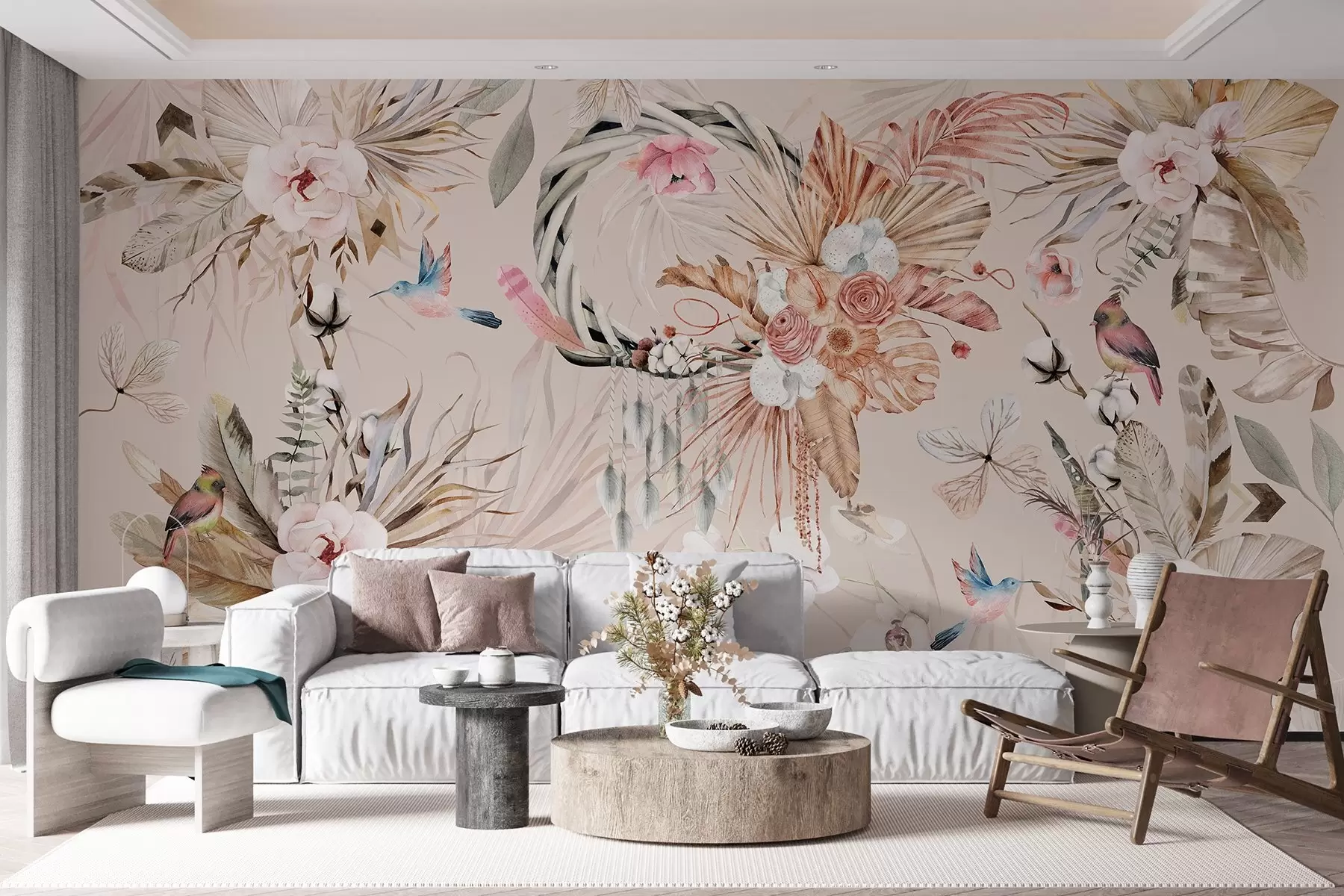 Wall Mural Photo Wallpaper Boho style ornament with peony flowers and birds, watercolor style, soft colors w03885v3