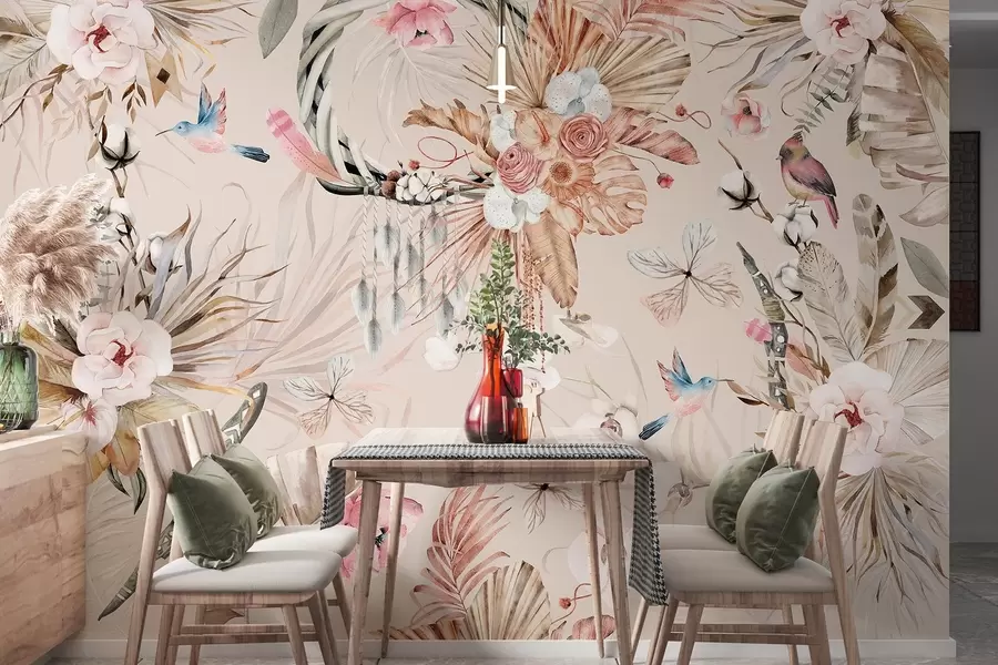 peintures murales Ornement de style boho avec des fleurs de pivoine et des oiseaux, style aquarelle, couleurs douces w03885v3