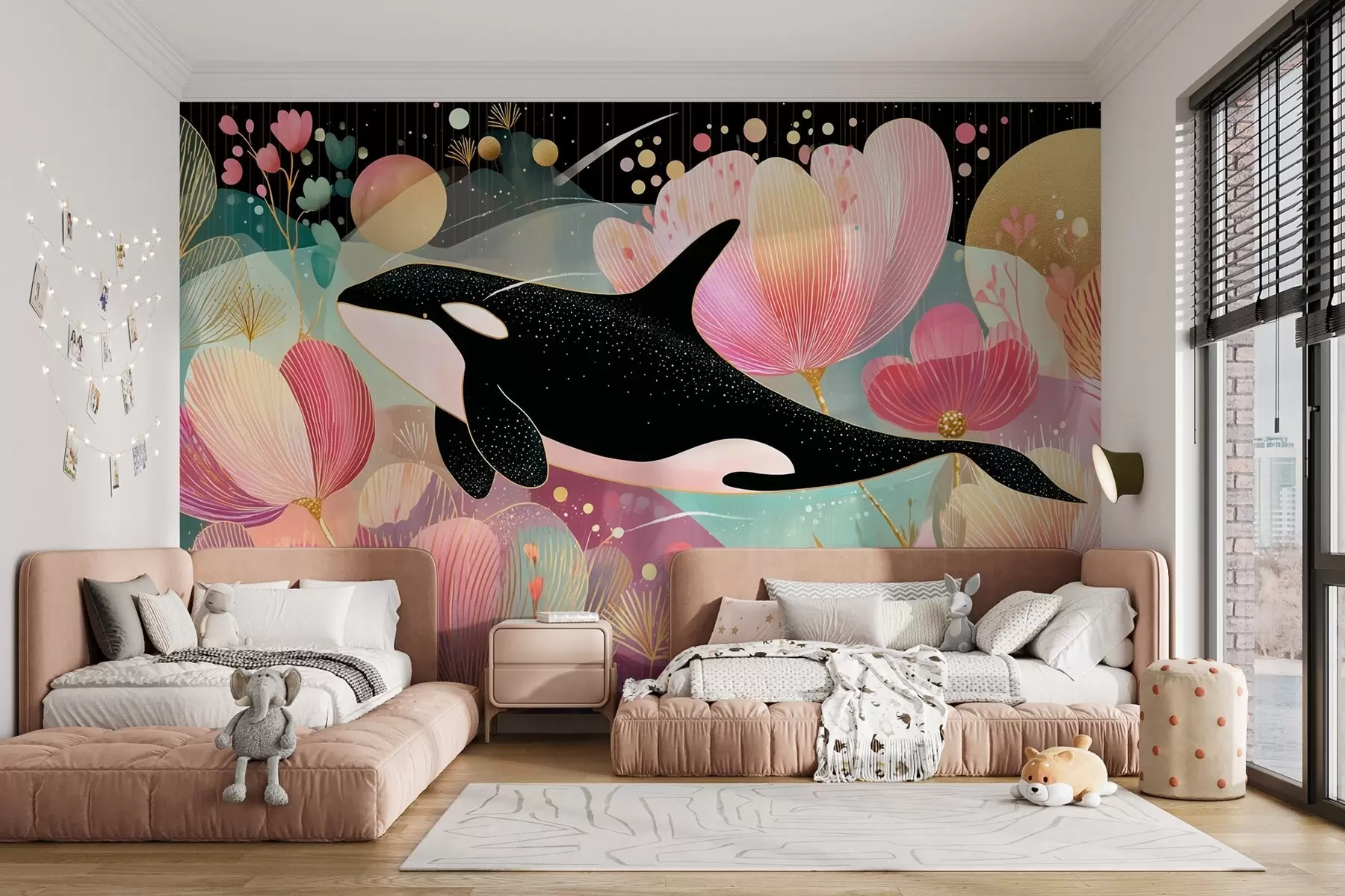 murales Una orca negra nadando sobre un fondo de flores rosas w09074